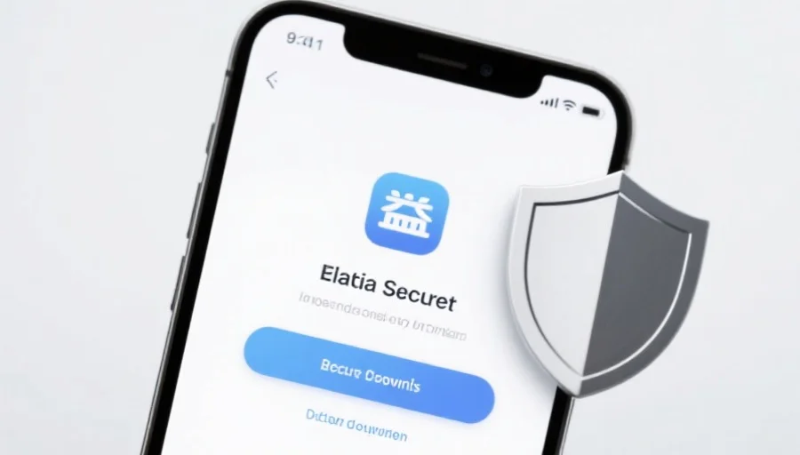 一部现代智能手机屏幕上显示杏运应用的安全下载界面，旁边有安全盾牌图标，背景简洁